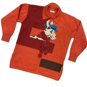 Jrop L rusty orange long sleeve knit sweater with dog on front
